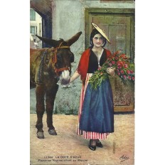 CPA - NICE, PAYSANNE NICOISE ALLANT au MARCHE (couleurs), vers 1930.