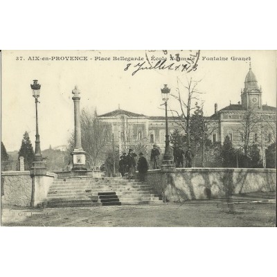 CPA: AIX-EN-PROVENCE,PLACE BELLEGARDE, ECOLE NORMALE, FONTAINE, ANNEES 1900.