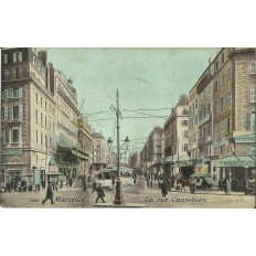 CPA: MARSEILLE, LA RUE CANNEBIERE EN COULEURS, ANNEES 1900.