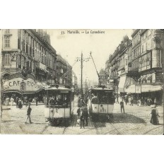 CPA: MARSEILLE, LE TRAMWAY A LA CANNEBIERE, VERS 1910.