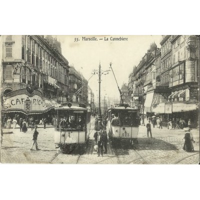 CPA: MARSEILLE, LE TRAMWAY A LA CANNEBIERE, VERS 1910.