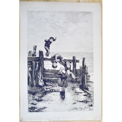 Daniel Charles Marie MORDANT (1853-1914), GRAVURE, ENFANTS JOUANT EN BORD DE MER