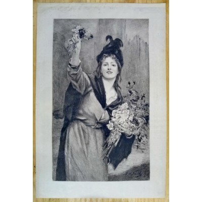 JEUNE FEMME ANGLAISE AUX FLEURS, GRAVURE signée Mme CONSUELO-FOULD (1862-1927.)