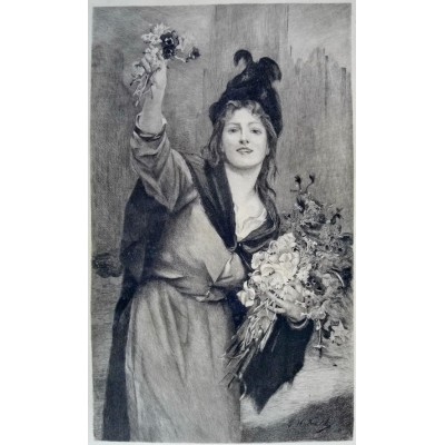 JEUNE FEMME ANGLAISE AUX FLEURS, GRAVURE signée Mme CONSUELO-FOULD (1862-1927.)