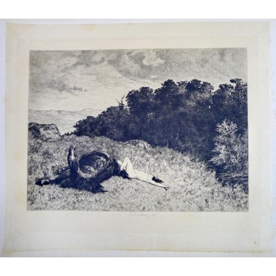 Lionel Aristide LE COUTEUX (1847-?), GRAVURE, CHEVAL ET FEMME ALLONGES.