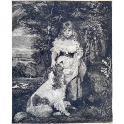 Léon SALLES (1868-1950), GRAVURE, JEUNE FILLE ET SON CHIEN, d'après J.REYNOLDS.