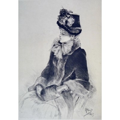 Rodolphe PIGUET (1840-1915), GRAVURE, JEUNE FEMME AU CHAPEAU ET AU MANCHON.