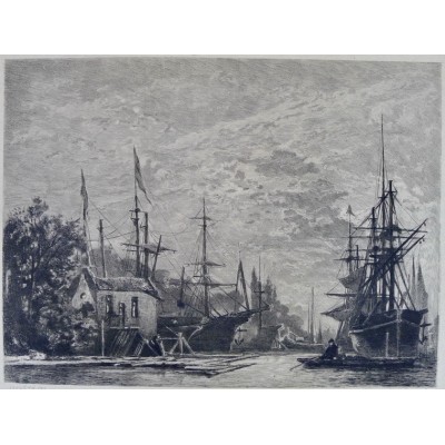 Th.CHAUVEL (1831-1910) GRAVURE d'apr.JONGKIND. LA MEUSE, PAYS-BAS. NETHERLANDS