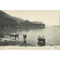 CPA: AIX-LES-BAINS. LE LAC DU BOURGET ET L'ABBAYE HAUTE-COMBES.1900 ANIMEE.