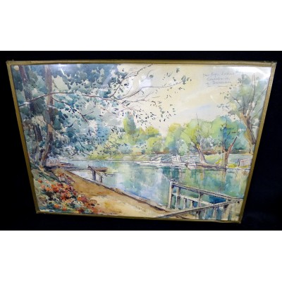 Henri Marie-Georges BERNARDEAU (1867-1946), VUE SUR LE CANAL, DEDICACE.AQUARELLE