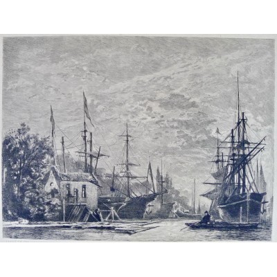 Th.CHAUVEL (1831-1910) GRAVURE d'apr.JONGKIND. LA MEUSE, PAYS-BAS. NETHERLANDS