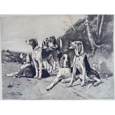 CHIENS DE CHASSE, GRAVURE Signée L.QUARANTE, d'après Charles HERRMAN-LÉON (1838-