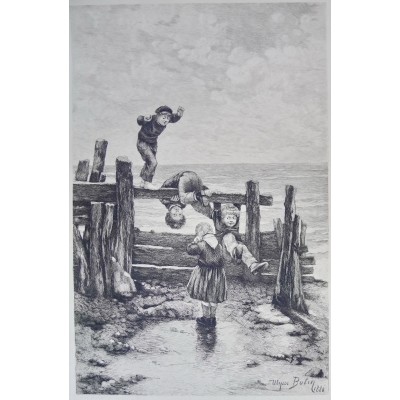 Daniel Charles Marie MORDANT (1853-1914), GRAVURE, ENFANTS JOUANT EN BORD DE MER