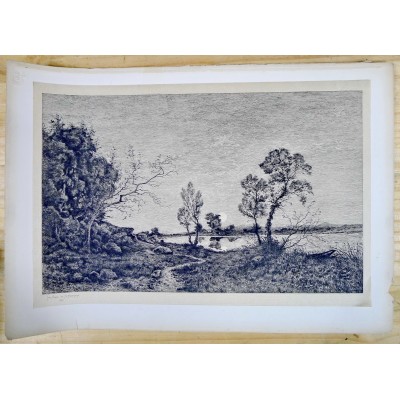 Félix OUDART (XIX-XX), PAYSAGE AVEC ETANG EN CAMPAGNE, d'après H.HARPIGNIES.