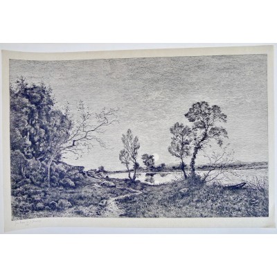 Félix OUDART (XIX-XX), PAYSAGE AVEC ETANG EN CAMPAGNE, d'après H.HARPIGNIES.