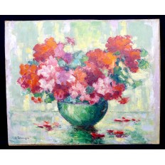  Julien DELVIGNE (XX), HUILE/PANNEAU, VASE AUX FLEURS ROUGE.