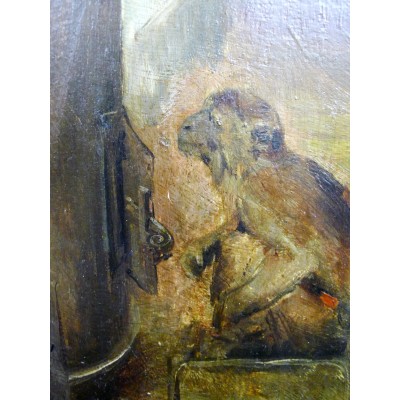 CORA (Italia, XIXth), OIL / PANEL, THE MONKEY & THE FIRE.