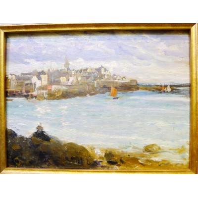  Jan DÉDINA (1870-1955), PETIT PORT EN BRETAGNE, HUILE SUR PANNEAU.