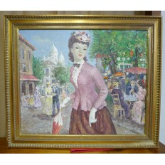 J.VALOIS (XXe), JEUNE ELEGANTE au BIBI à MONTMARTRE, Huile sur Toile.