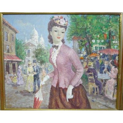 J.VALOIS (XXe), JEUNE ELEGANTE au BIBI à MONTMARTRE, Huile sur Toile.