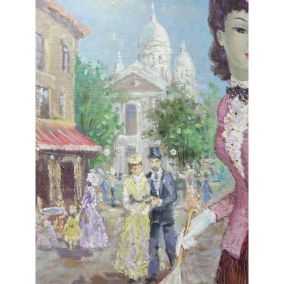 J.VALOIS (XXe), JEUNE ELEGANTE au BIBI à MONTMARTRE, Huile sur Toile.