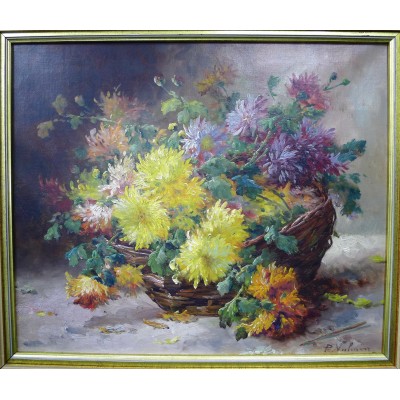  P. VALMON (XIX-XX), CORBEILLE DE FLEURS, HUILE SUR TOILE.