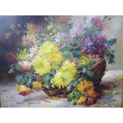  P. VALMON (XIX-XX), CORBEILLE DE FLEURS, HUILE SUR TOILE.