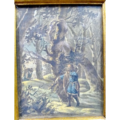 AQUARELLE. DEUX HOMMES DANS LES BOIS. 