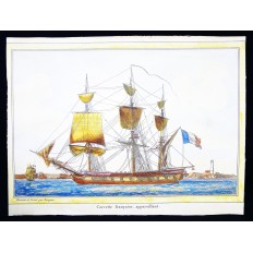  Jean Jérôme BAUGEAN (c.1764-c.1830), CORVETTE FRANCAISE, GRAVURE AQUARELLEE.