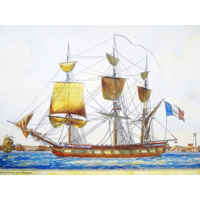  Jean Jérôme BAUGEAN (c.1764-c.1830), CORVETTE FRANCAISE, GRAVURE AQUARELLEE.