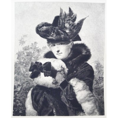 FEMME GALANTE AU MANCHON, gravure XIXe s (J.MASRIERA Y MONOVENS).