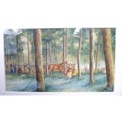 RALLYE MILITAIRE, GRANDE AQUARELLE signée vers 1890, ETUDE.