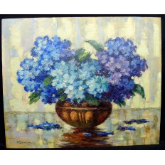  Julien DELVIGNE (XX), HUILE/PANNEAU, VASE AUX HORTENSIAS BLEUS.