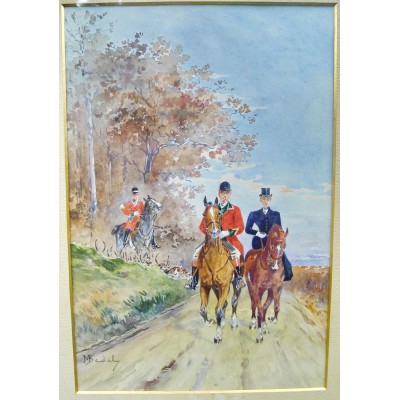 Maurice BEDEL (XIXe), SCENE DE VENERIE. CHASSE. AQUARELLE.