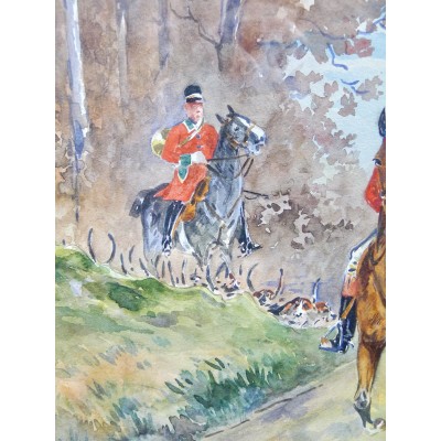 Maurice BEDEL (XIXe), SCENE DE VENERIE. CHASSE. AQUARELLE.