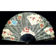 GRAND EVENTAIL 19e s. JAPON. FAN.ABANICO. SOIE IMPRIMEE. PRINTED SILK. 