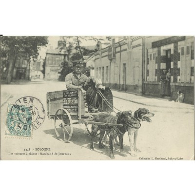 CPA: SOLOGNE, Le Marchand de Journaux (Voiture à Chiens), en 1900