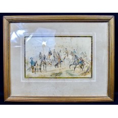 Victor ADAM (1801-1866), CHASSE A COUR, LITHOGRAPHIE REHAUSSEE D'AQUARELLE.