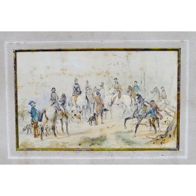 Victor ADAM (1801-1866), CHASSE A COUR, LITHOGRAPHIE REHAUSSEE D'AQUARELLE.