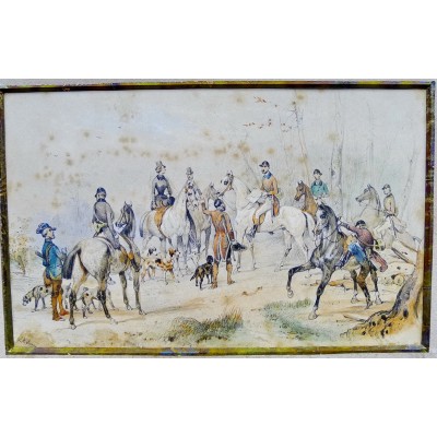 Victor ADAM (1801-1866), CHASSE A COUR, LITHOGRAPHIE REHAUSSEE D'AQUARELLE.