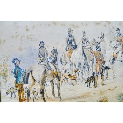 Victor ADAM (1801-1866), CHASSE A COUR, LITHOGRAPHIE REHAUSSEE D'AQUARELLE.