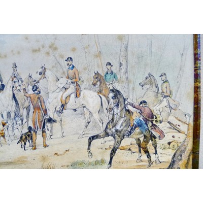 Victor ADAM (1801-1866), CHASSE A COUR, LITHOGRAPHIE REHAUSSEE D'AQUARELLE.