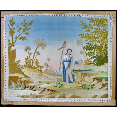 TABLEAU EN SOIE BRODEE, ECCE AGNUS DEI, 1ère MOITIE du XIXe s. EMBROIDERED SILK.