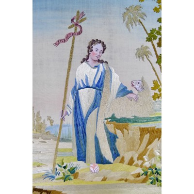 TABLEAU EN SOIE BRODEE, ECCE AGNUS DEI, 1ère MOITIE du XIXe s. EMBROIDERED SILK.