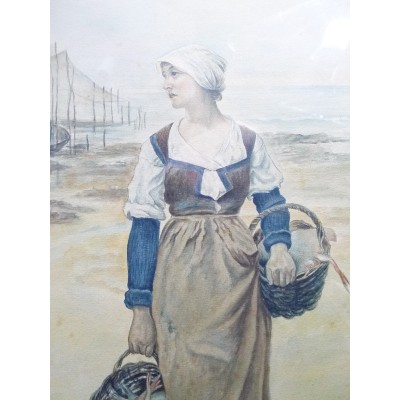 E.COLIN (XIX-XXe), JEUNE FEMME aux CORBEILLES de ROUGETS, AQUARELLE.