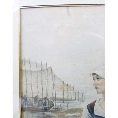 E.COLIN (XIX-XXe), JEUNE FEMME aux CORBEILLES de ROUGETS, AQUARELLE.