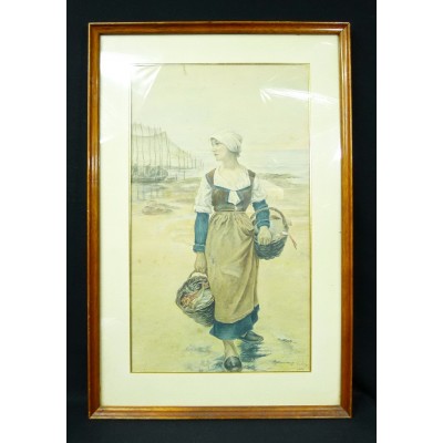 E.COLIN (XIX-XXe), JEUNE FEMME aux CORBEILLES de ROUGETS, AQUARELLE.