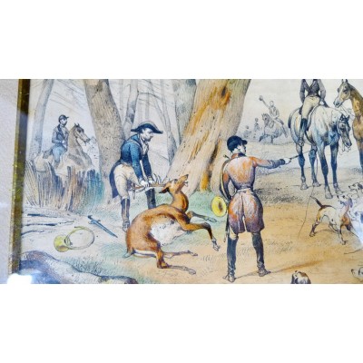 Victor ADAM (1801-1866), CHASSE AU CERF, LITHOGRAPHIE REHAUSSEE D'AQUARELLE.