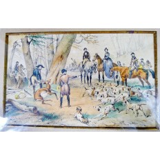 Victor ADAM (1801-1866), CHASSE AU CERF, LITHOGRAPHIE REHAUSSEE D'AQUARELLE.