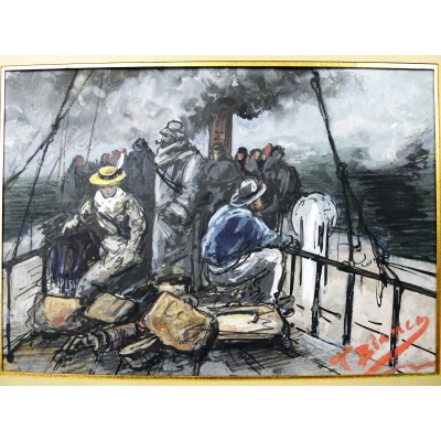T.BIANCO, Les Voyageurs sur le pont (Marine), GOUACHE / ENCRE, vers 1900